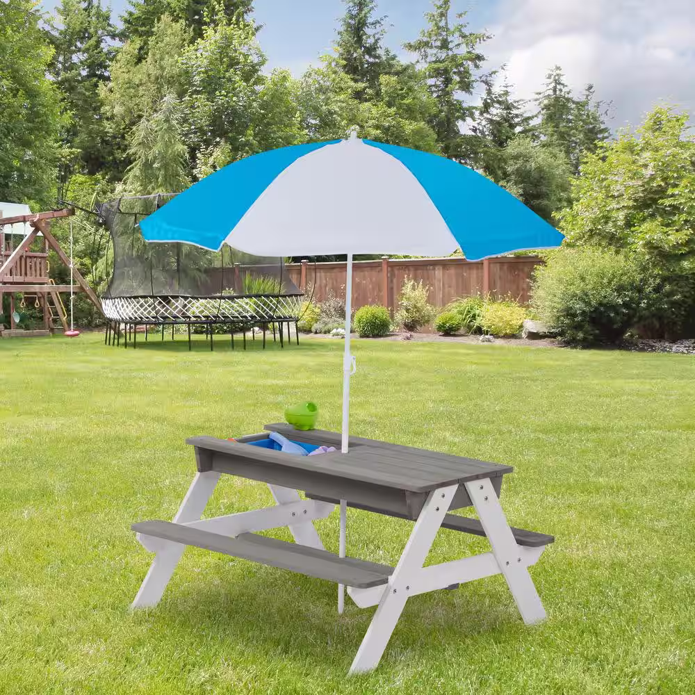 None 37.00 in. Gray Rectangle Wood Kids Outdoor Picnic Table with Umbrella