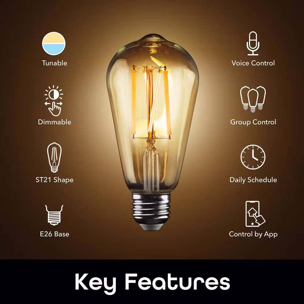 Geeni 60-Watt Equivalent E26 ST21 (ST64) Edison WiFi LED Smart Bulb, 2700K-6500K No Hub Required (2-Pack)