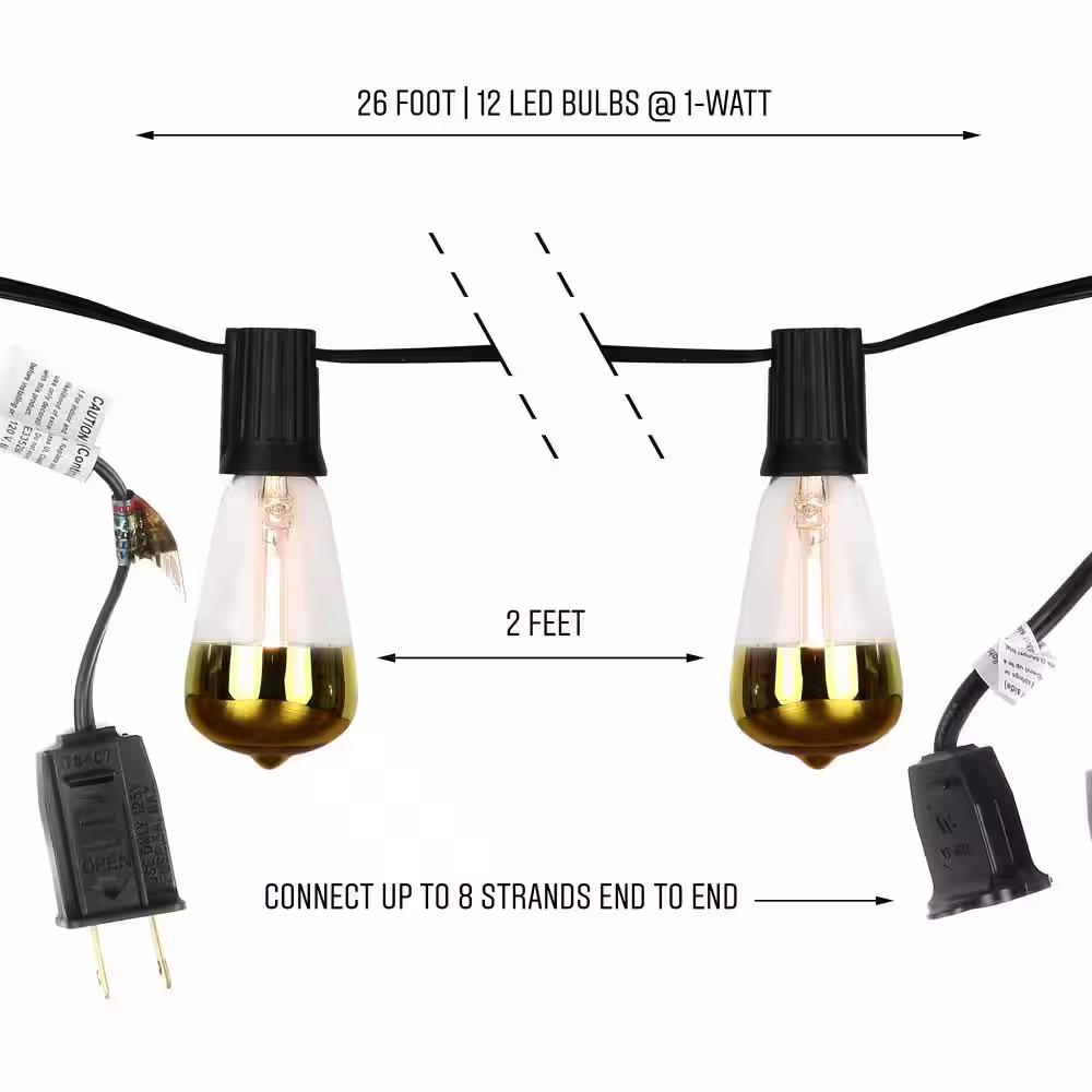 Brightech Ambience Pro 12-Light 26 ft. Outdoor Plug-in 1W 2700k LED ST38 Gold Tipped Teardrop Edison Bulb String-Light