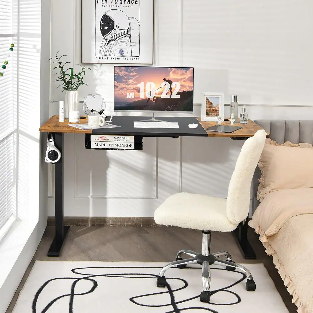Costway 55 in. Rectangular Black Wood Electric Standing Desk Height Adjustable Sit Stand Desk with USB Port Brown