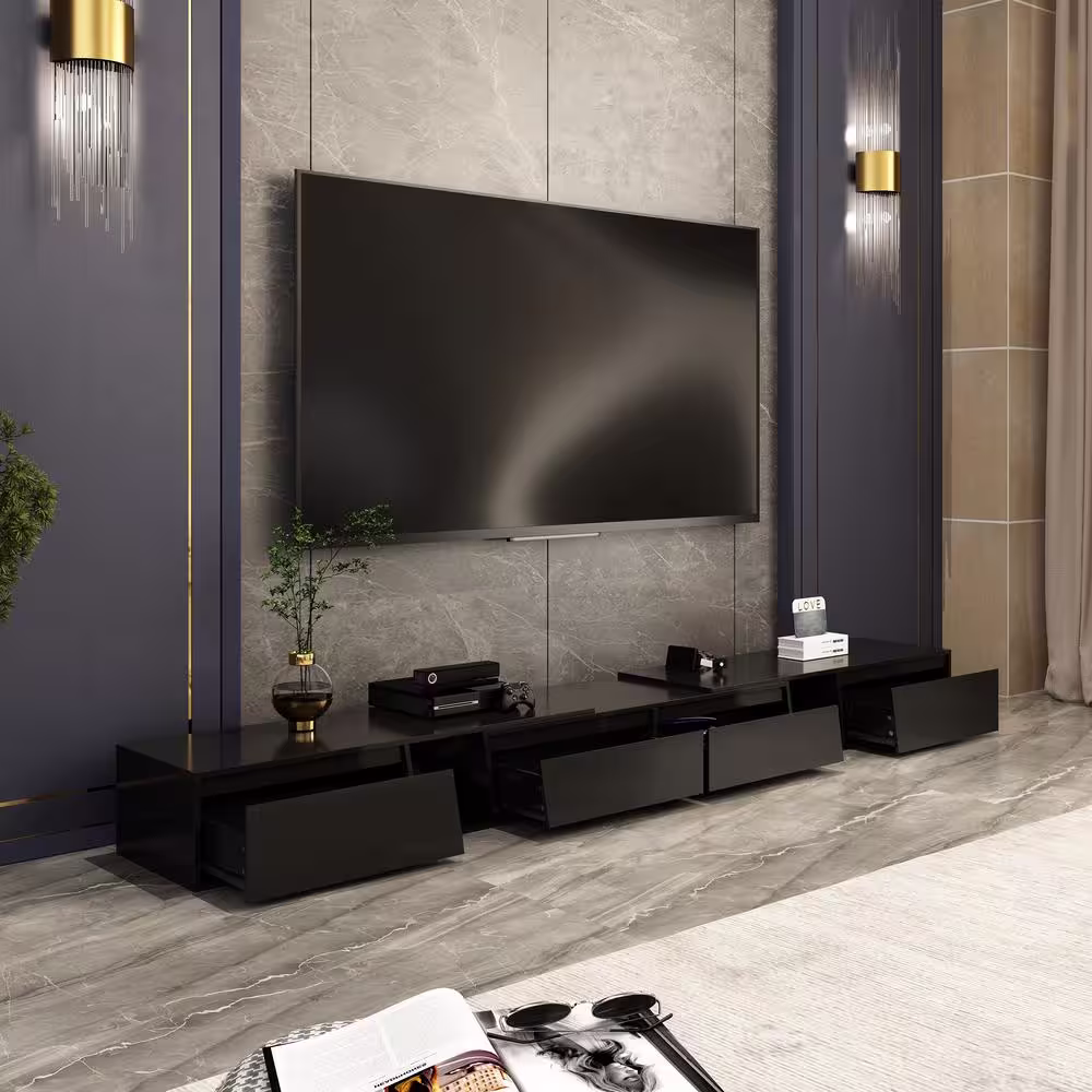 None Modern Wood Black TV Media Console Entertainment Center with Adjustable Length and Drawers Fits TV's up to 100 in.