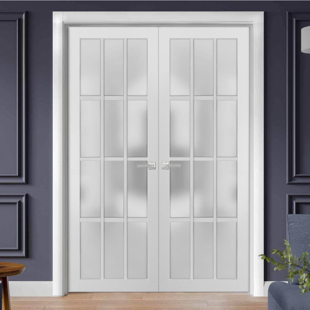 Sartodoors 3312 60 in. x 84 in. Universal Handling Frosted Glass Solid Core White Finished Pine Wood Double Prehung French Door