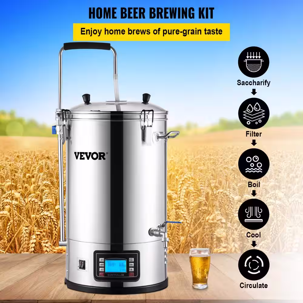 VEVOR Electric Brewing System 9.2 Gal./35 l Brewing Pot All-in-One Home Beer Brewer Mash Boil Device Auto Mode 1800-Watt Power