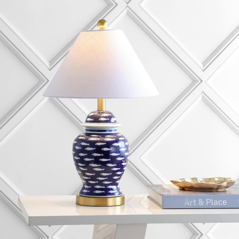 JONATHAN Y School of Fish 22 in. Navy Ginger Jar Ceramic/Metal LED Table Lamp, Blue/White