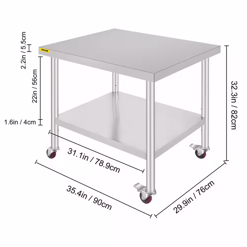 VEVOR Kitchen Prep Table 35.4 x 29.9 x 32.3 in Commercial Prep Table with 4 Wheels Kitchen Utility Tables with Brake,Silver
