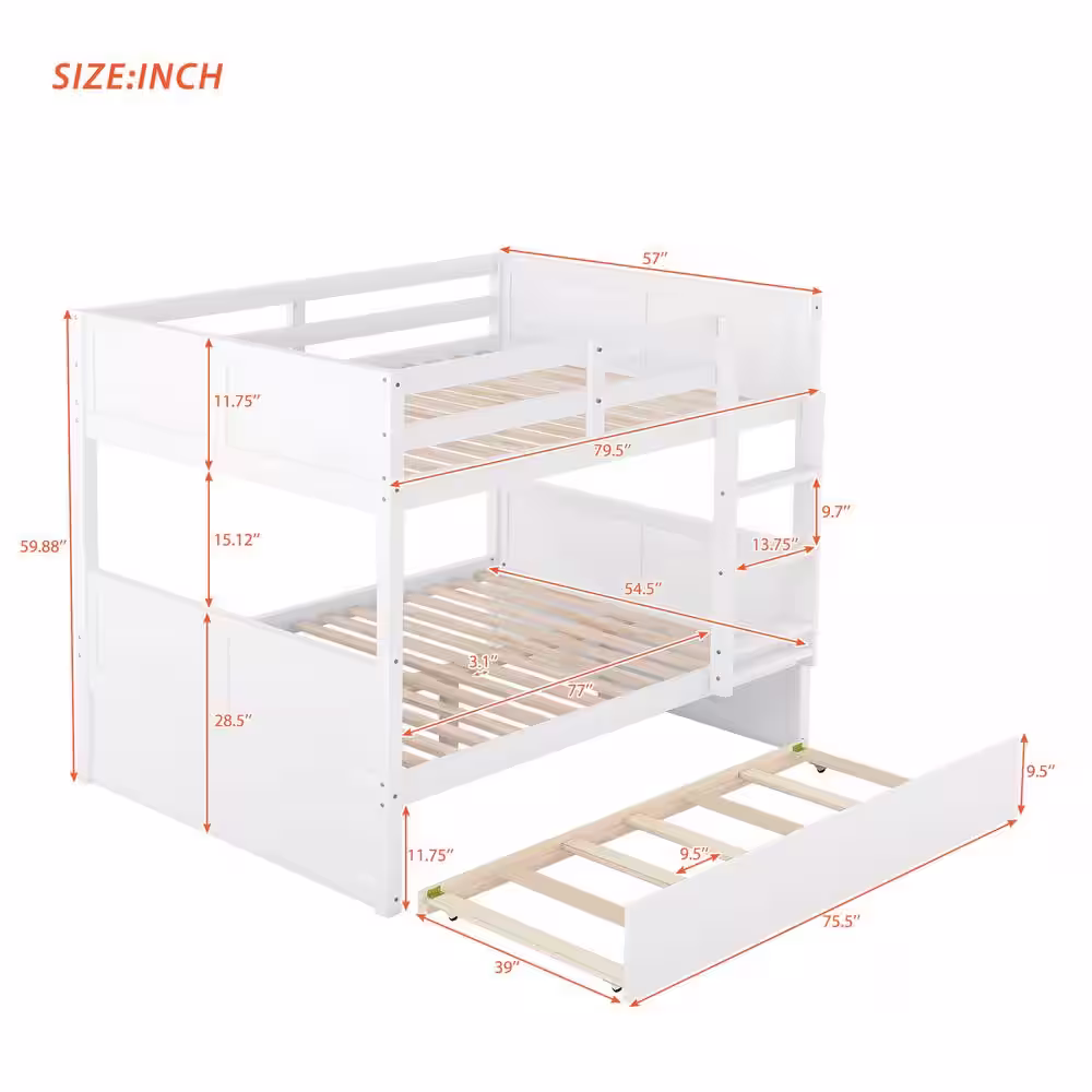 Harper & Bright Designs White Full Over Full Bunk Bed with Twin Size Trundle