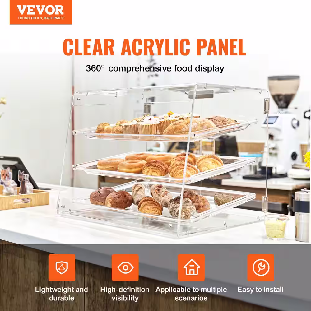 None Pastry Display Case 3-Tier Commercial Countertop Bakery Display Case 20.7 in. x 14.2 in. x 16.3 in. Acrylic Display Box
