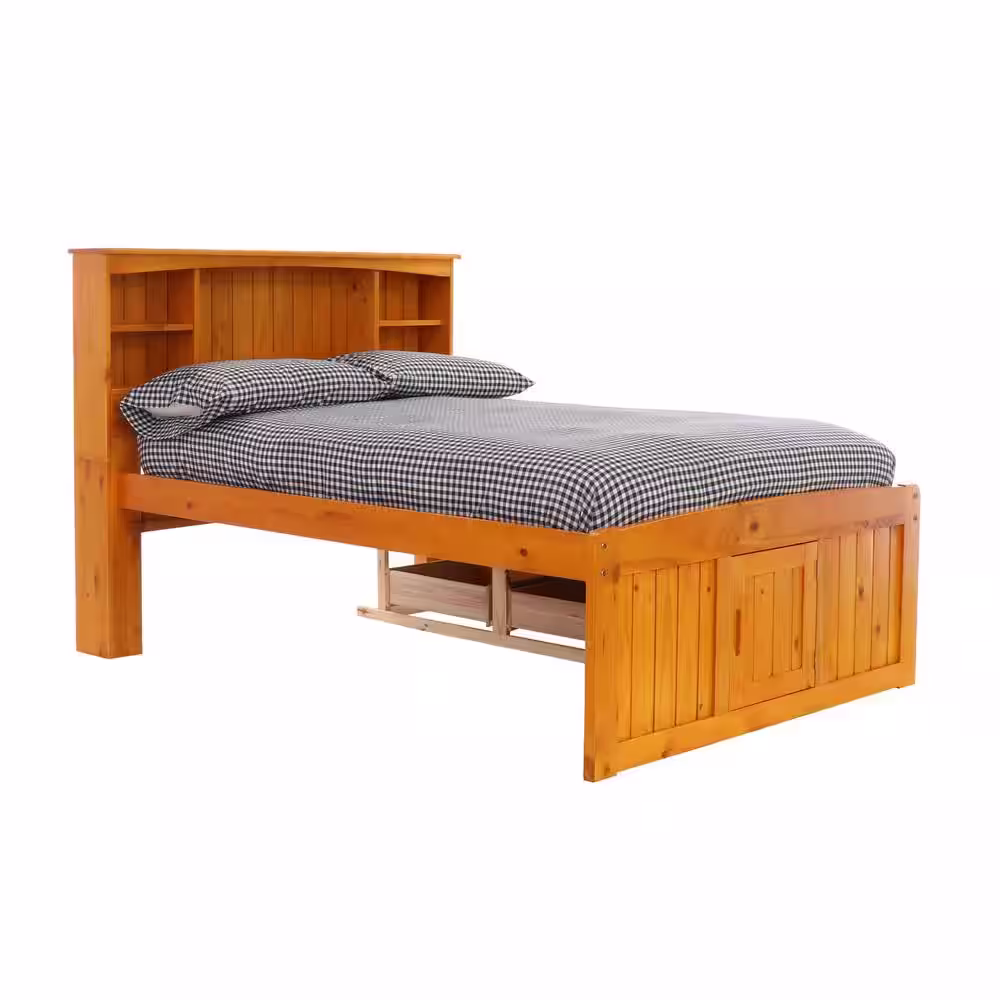 OS Home and Office Furniture Honey Mission Light Brown Full Sized Captains Bookcase Bed with 6-Drawers