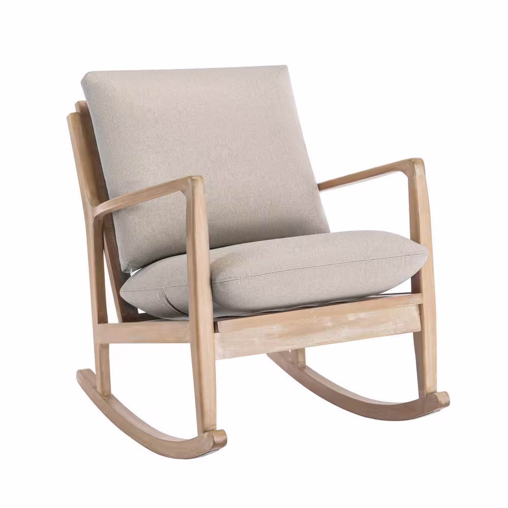 None Beige Solid Wood Rocking Chair Linen Fabric Upholstered Arm Accent Chair