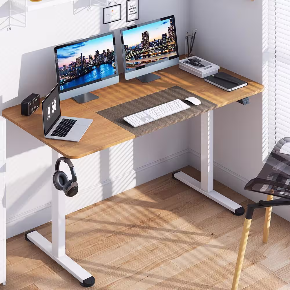 Gymax 55 in. Natural Electric Standing Desk Height Adjustable Home Office Table with Hook