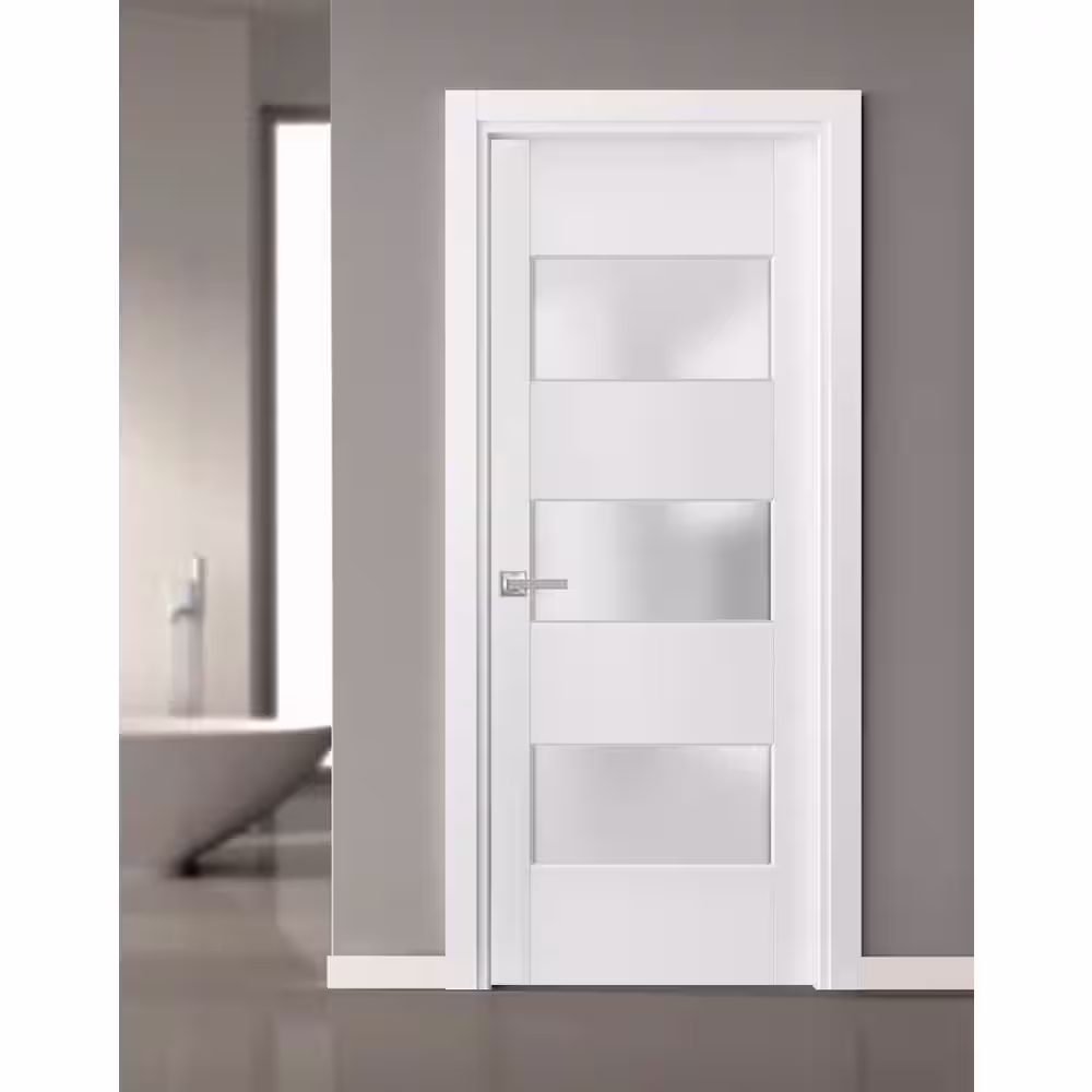 Sartodoors 4070 24 in. x 96 in. Single Panel No Bore Frosted Glass White Finished Pine Wood Interior Door Slab