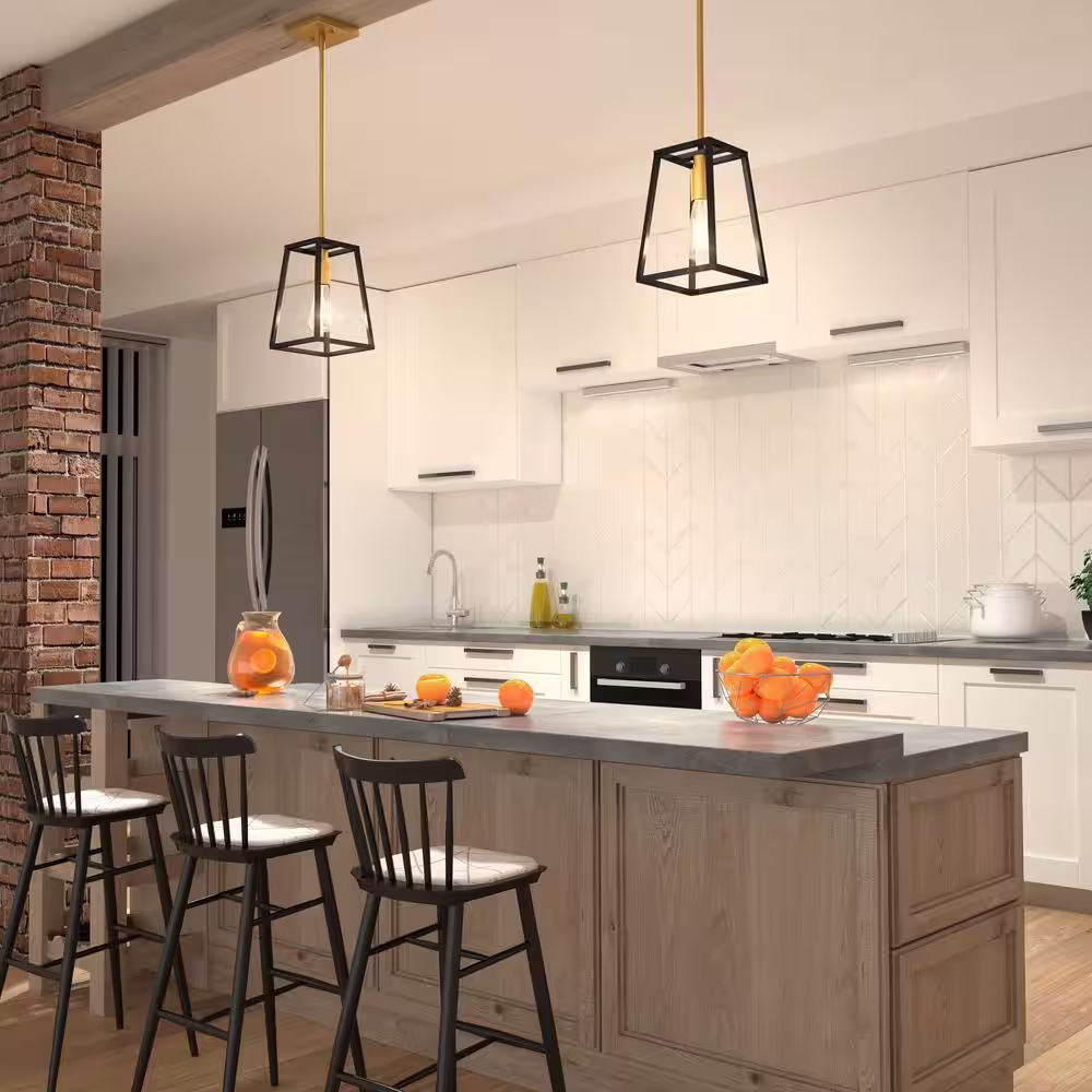 Artika Carter 40-Watt 1 Light Black and Gold Modern Industrial Cage Mini Pendant Light Fixture for Kitchen Island