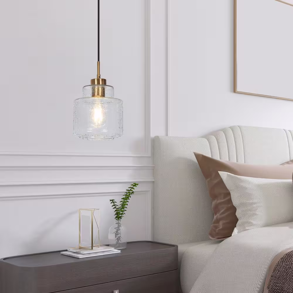 Uolfin Modern Gold Bedroom Pendant Light, 1-Light Black Dining Room Island Hanging Pendant Light with Raindrops Glass Shade