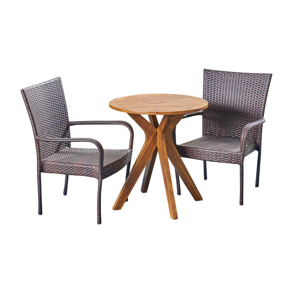 Noble House Sanders Multi-Brown 3-Piece Wood and Faux Rattan Outdoor Bistro Set