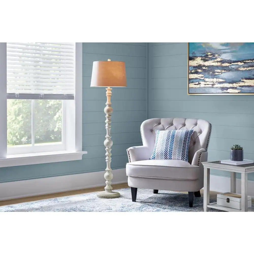Hampton Bay Witherby 61 in. Shabby White Floor Lamp with Gray Lamp Shade