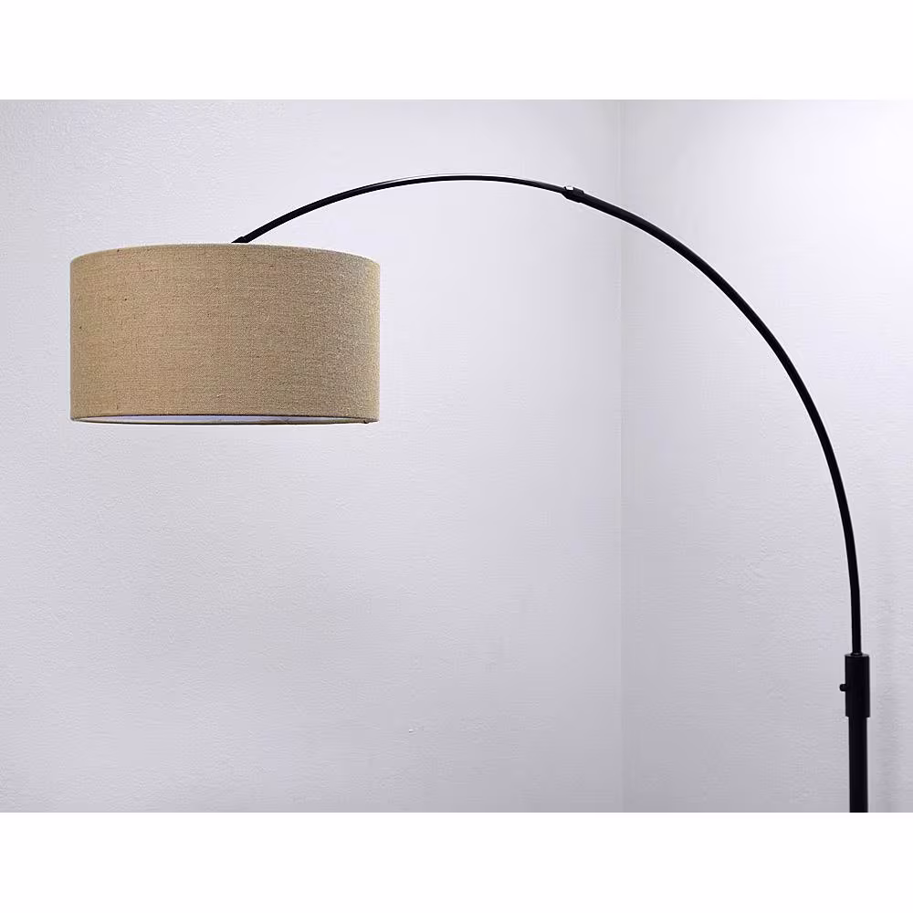 HomeGlam Orbita 82 in. Dark Bronze Furnish LED Dimmable Retractable Arch Floor Lamp, Bulb Included with Drum Brown Shade