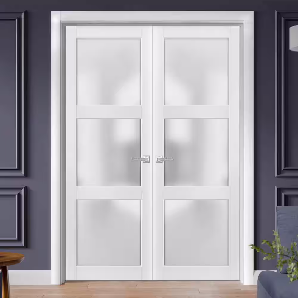 Sartodoors 2552 72 in. x 96 in. Universal Handling 3-Lite Frosted Glass Solid White Finished Pine Wood Interior Door Slab
