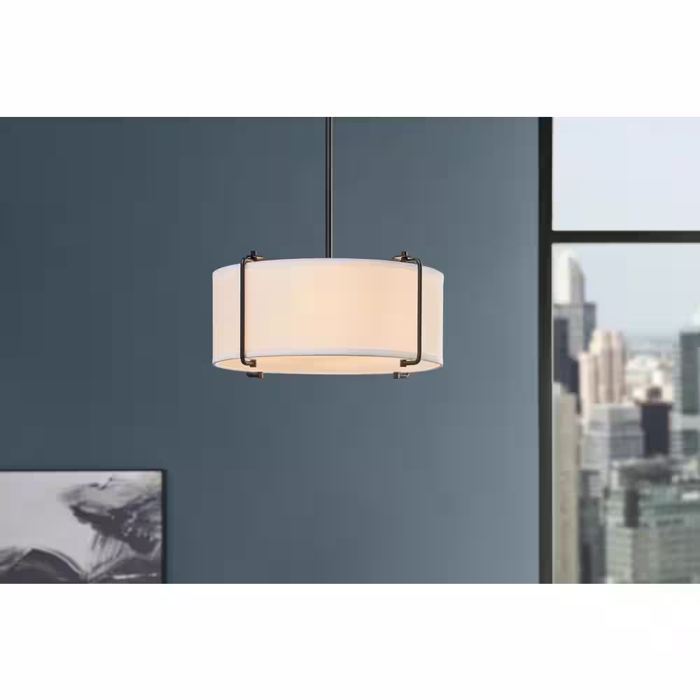Home Decorators Collection Brookley 4-Light Matte Black Pendant with White Fabric Shade