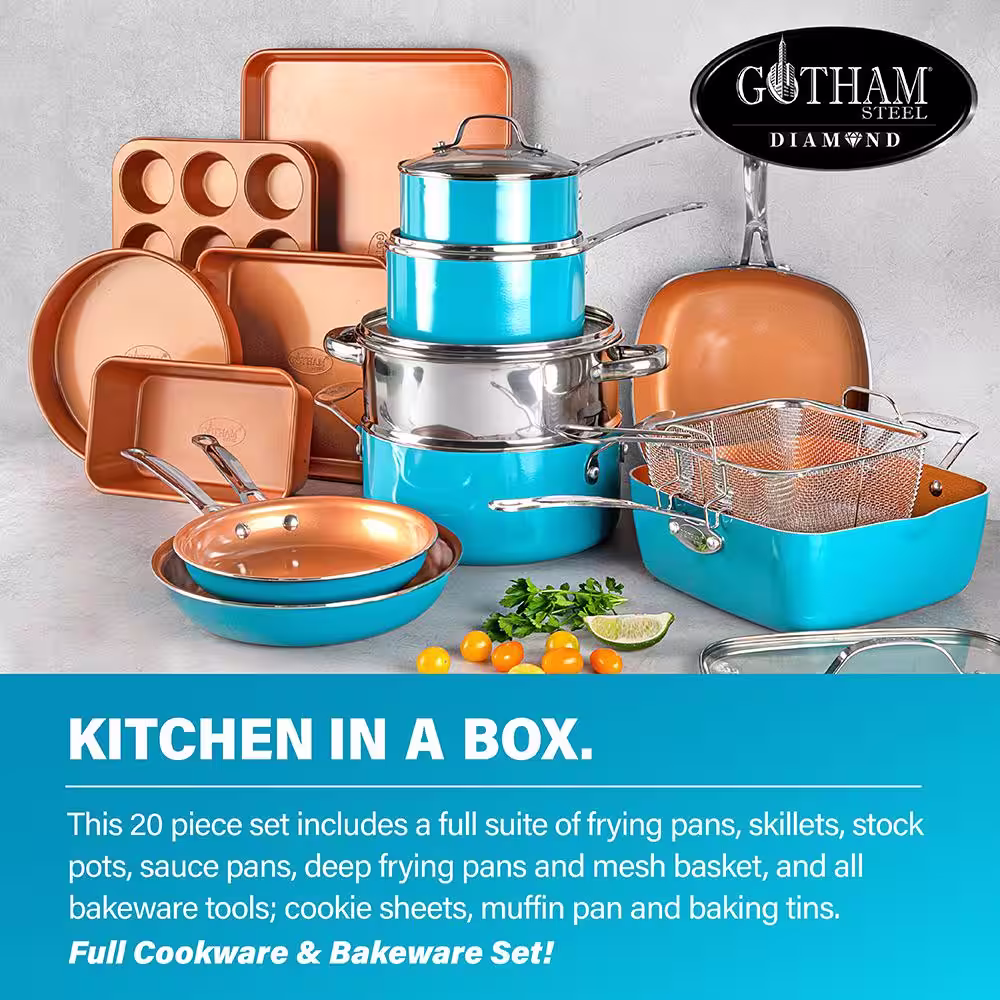 Gotham Steel 20-Piece Aluminum Ti-Ceramic Nonstick Cookware and Bakeware Set in Blue