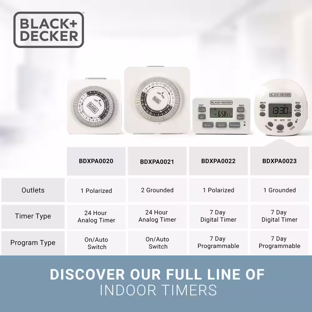 BLACK+DECKER Light Timers, Programmable, Indoor, 1-Pack, Grounded Outlet - Digital Timer Outlet