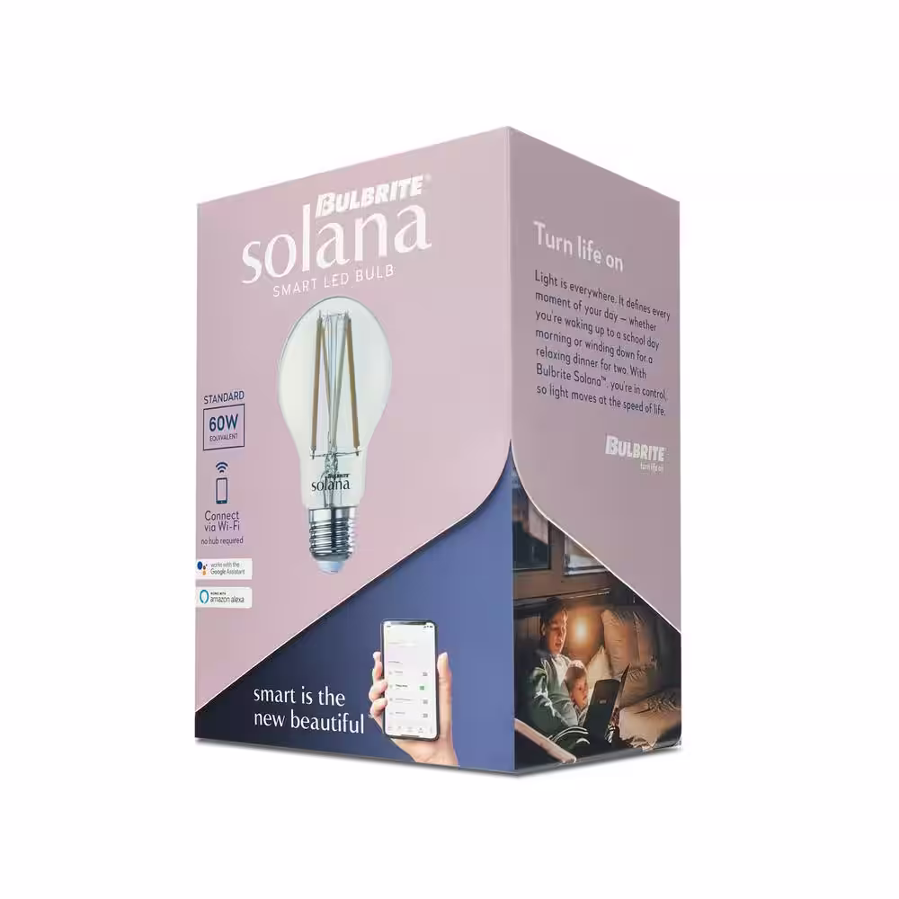 Bulbrite 60 Watt Equivalent A19 with Medium Screw Base E26 in Clear Finish Dimmable 2200-6500K Solana WIFI LED Light Bulb 2-Pack