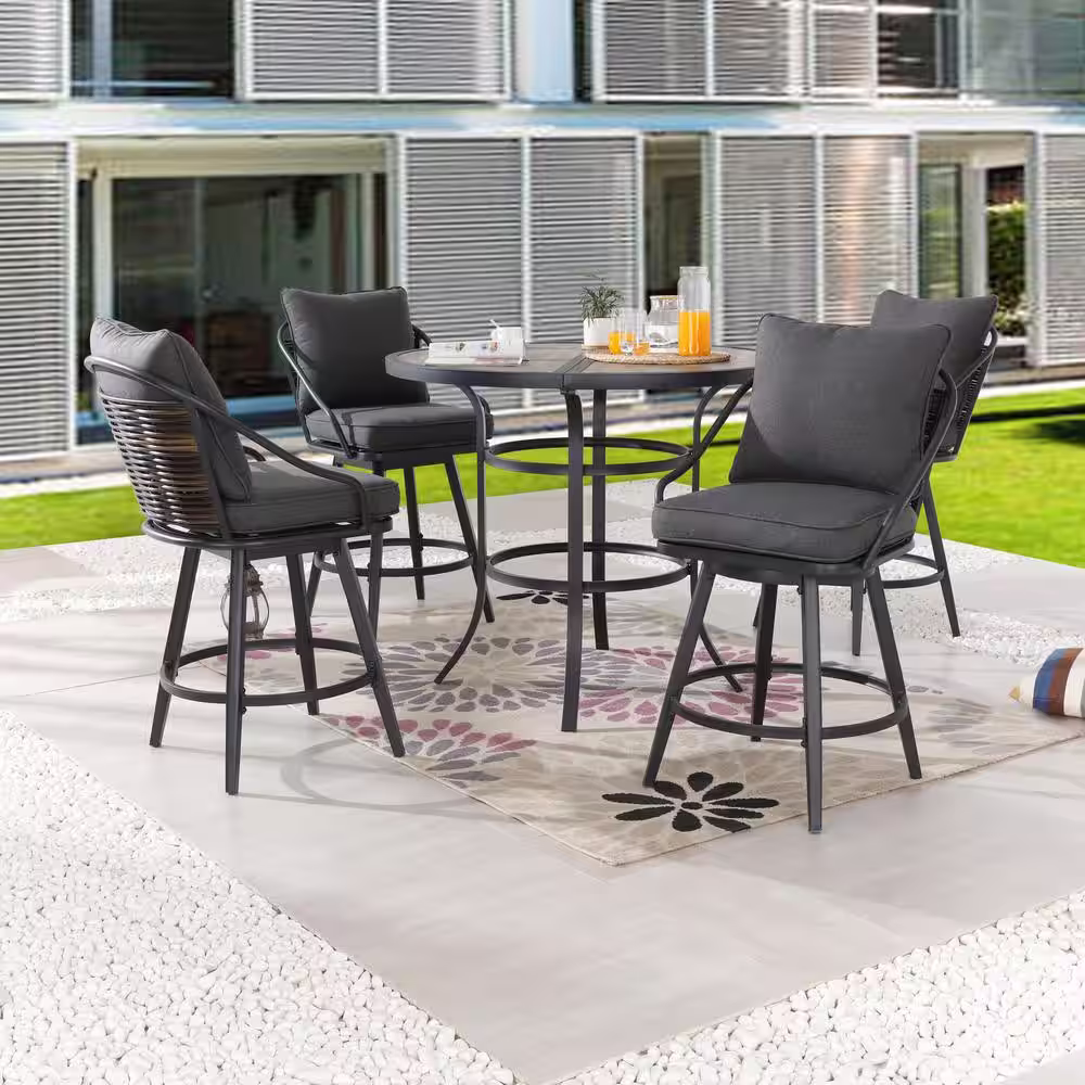 Patio Festival 5-Piece Metal Bar Height Outdoor Dining Set with Gray Cushions