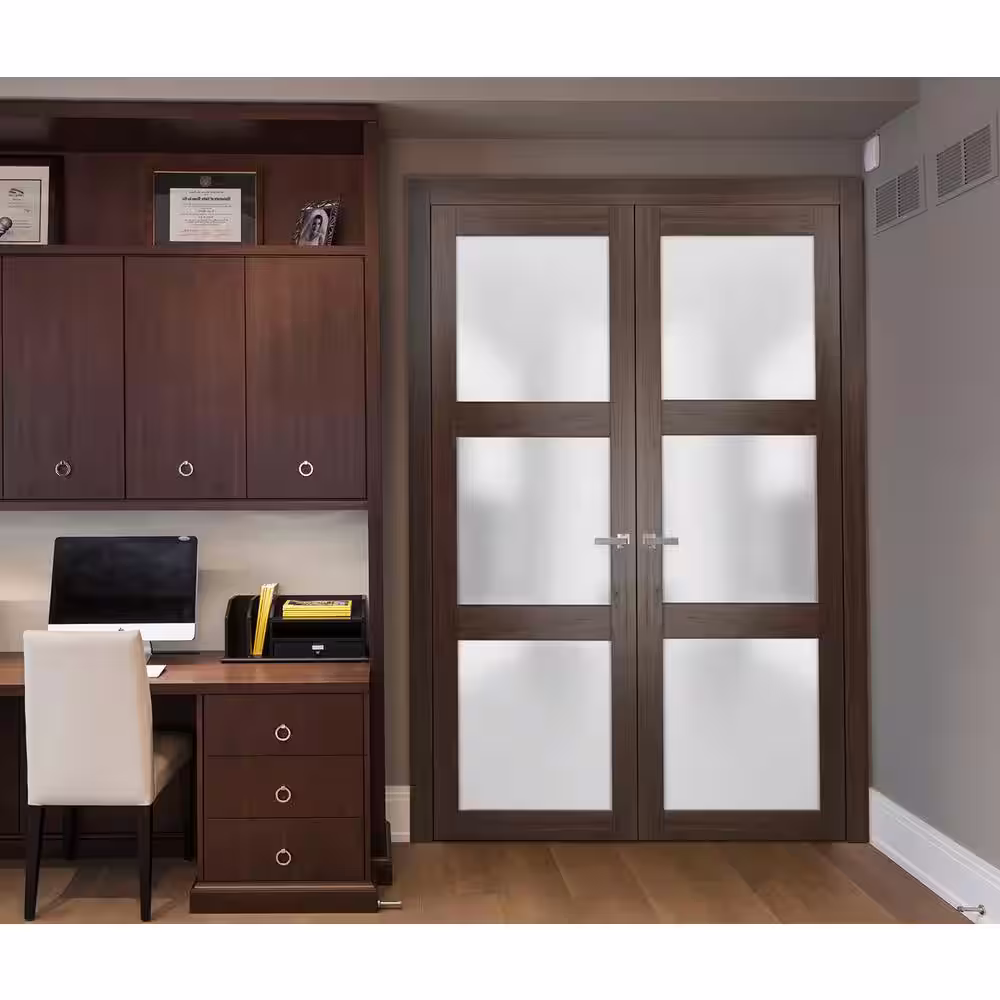 Sartodoors 2552 84 in. x 80 in. Universal Hanling 3-Lite Frosted Glass Solid Brown Finished Pine Wood Interior Door Slab