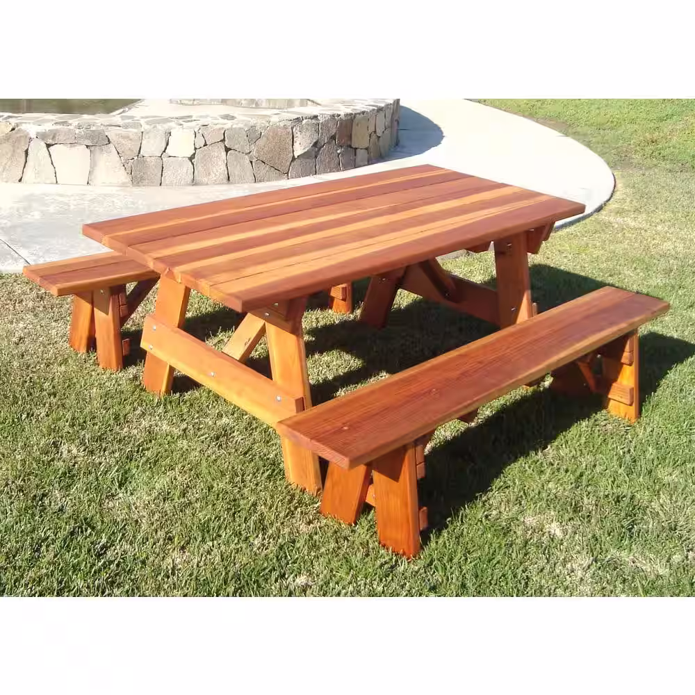 None Outdoor 1905 Super Deck Finished 6 ft. Redwood Picnic Table with Separate Benches