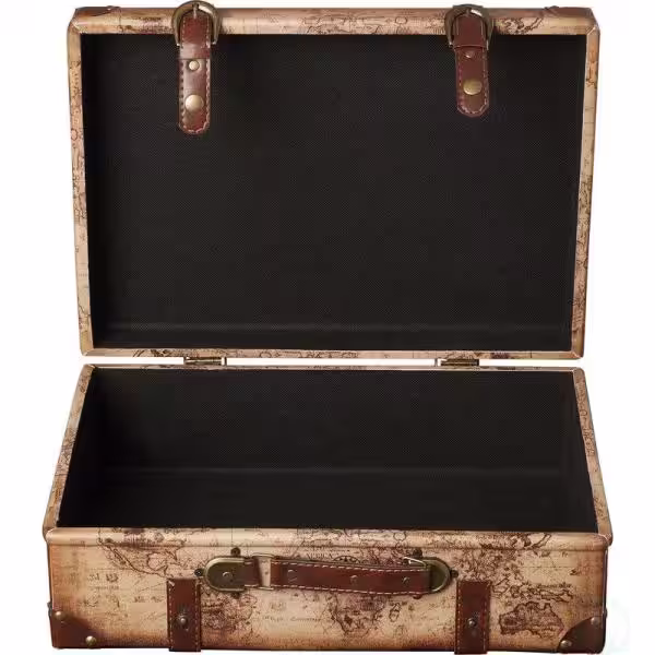 Vintiquewise 17 in. x 12 in. x 6 in. Wood and Faux Leather Old World Map Vintage Style Suitcase with Straps, Set of 2