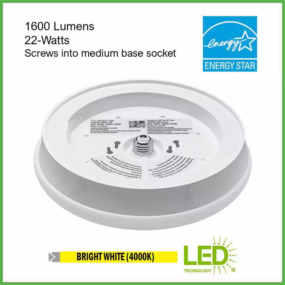 Commercial Electric Spin Light 11 in. LED Flush Mount Ceiling Light High Output 1600 Lumens 22-Watt 4000K Bright White (4-Pack)