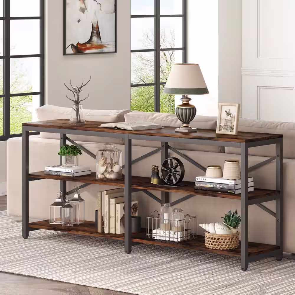 TRIBESIGNS WAY TO ORIGIN Bulgari 70.9 in. Rectangle Black Metal Brown Particle Board Wood Console Table Sofa Table with 3 Open Storage Shelves