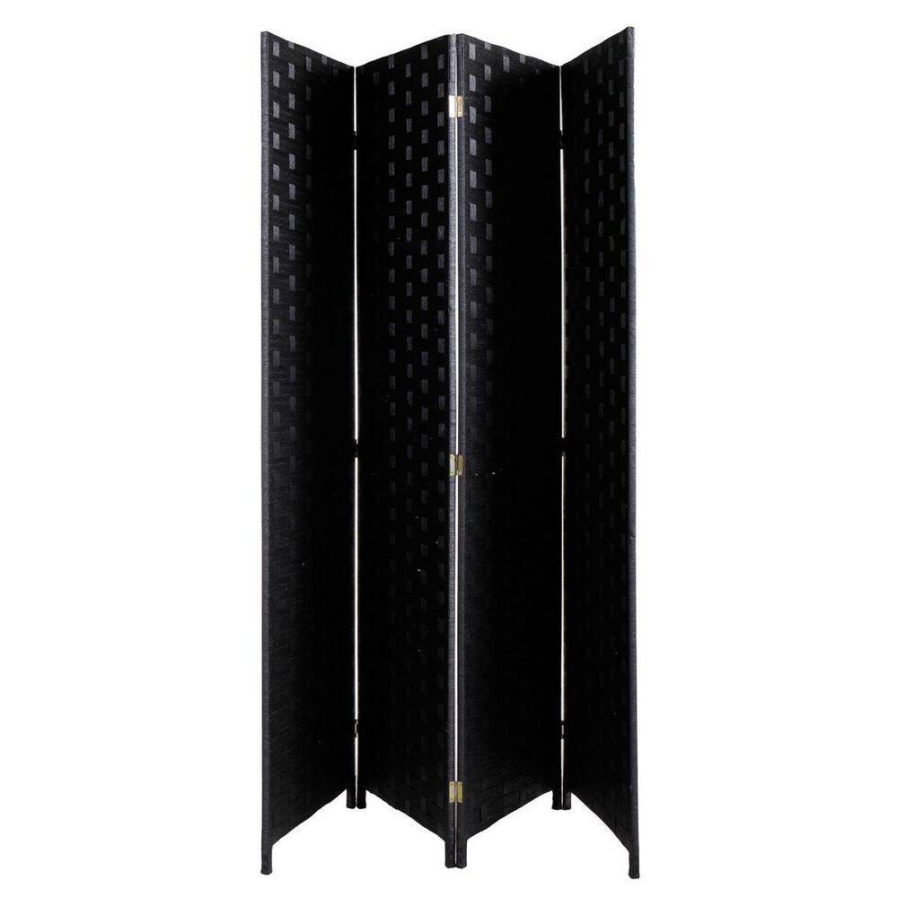 None 4-Panel Freestanding Rope Paper and Wood Frame Room Divider, Folding Privacy Screen with Double Hinged, Black