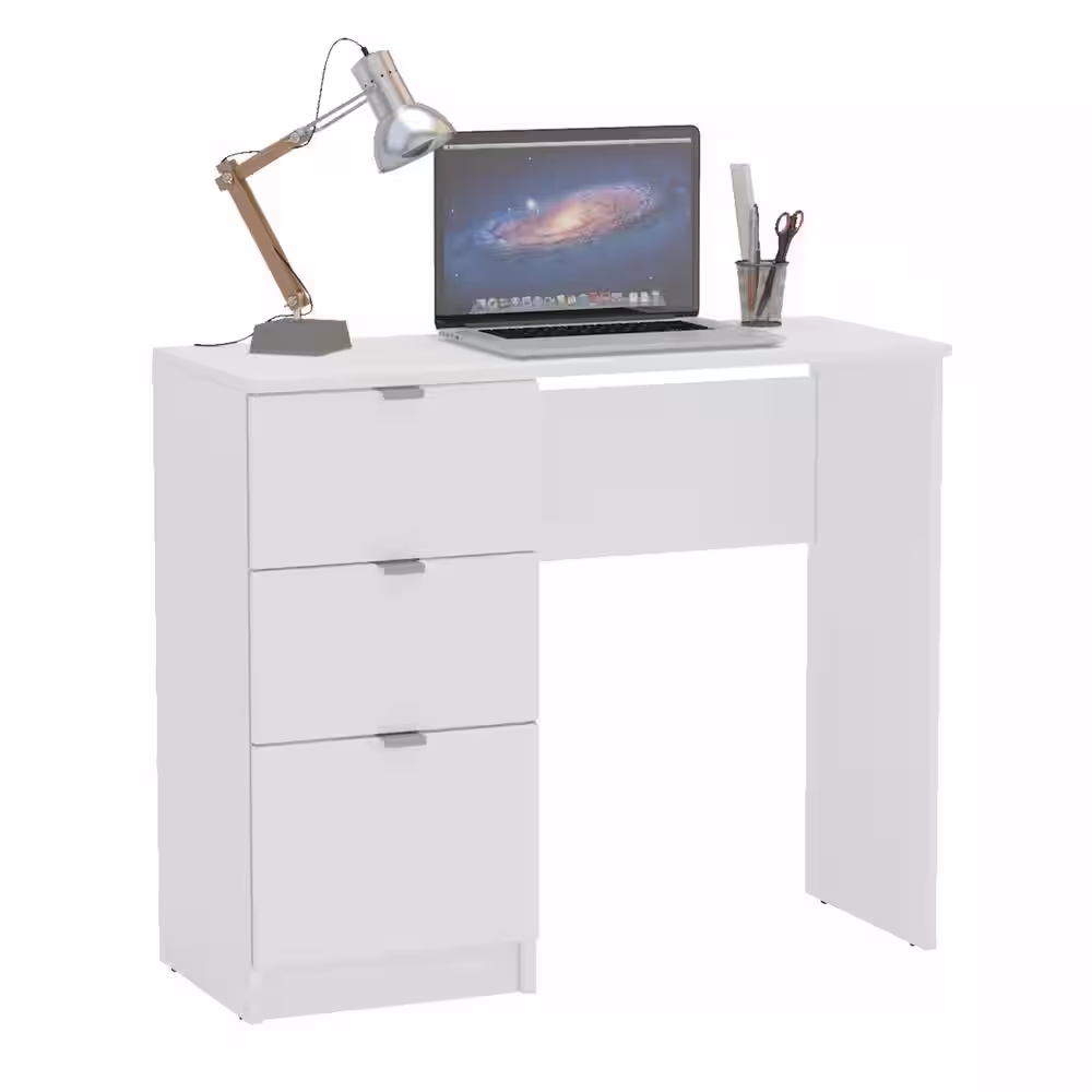 None Bristol 35 in. Rectangular White 3 Drawer Writing Desk