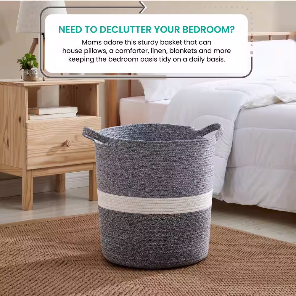Ornavo Home Large Cotton Fabric Rope Storage Basket with Handles - 16
