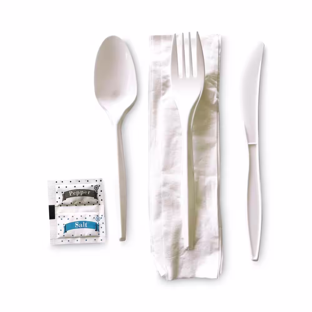 GEN Wrapped Cutlery Kit, Fork/Knife/Spoon/Napkin/Salt/Pepper, White, 250 Per Case