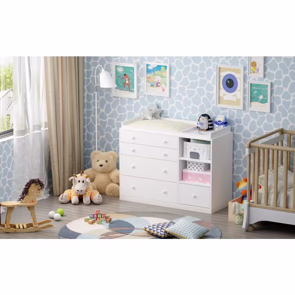 FUFU&GAGA 5-Drawers White Wood Dresser Vanity Table Chest of Drawers Storage Cabinet with Shelf 36.1 in. H x 47.2 W x 19.7 D