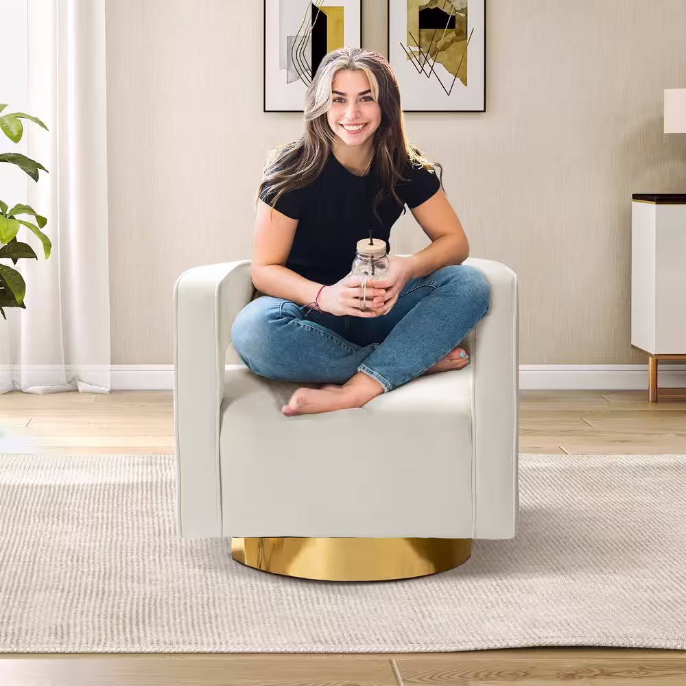 JAYDEN CREATION Gustaf Contemporary Velvet Ivory Comfy Swivel Barrel Chair with Open Back and Metal Base