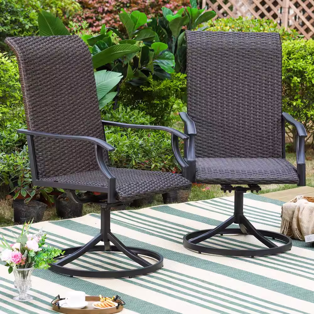 None 8-Piece Wicker Outdoor Dining Set with Umbrella and Swivel Rattan Chairs