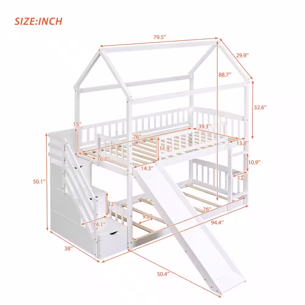Harper & Bright Designs White Twin Wood House Bunk Bed with Slide and Storage Stairs