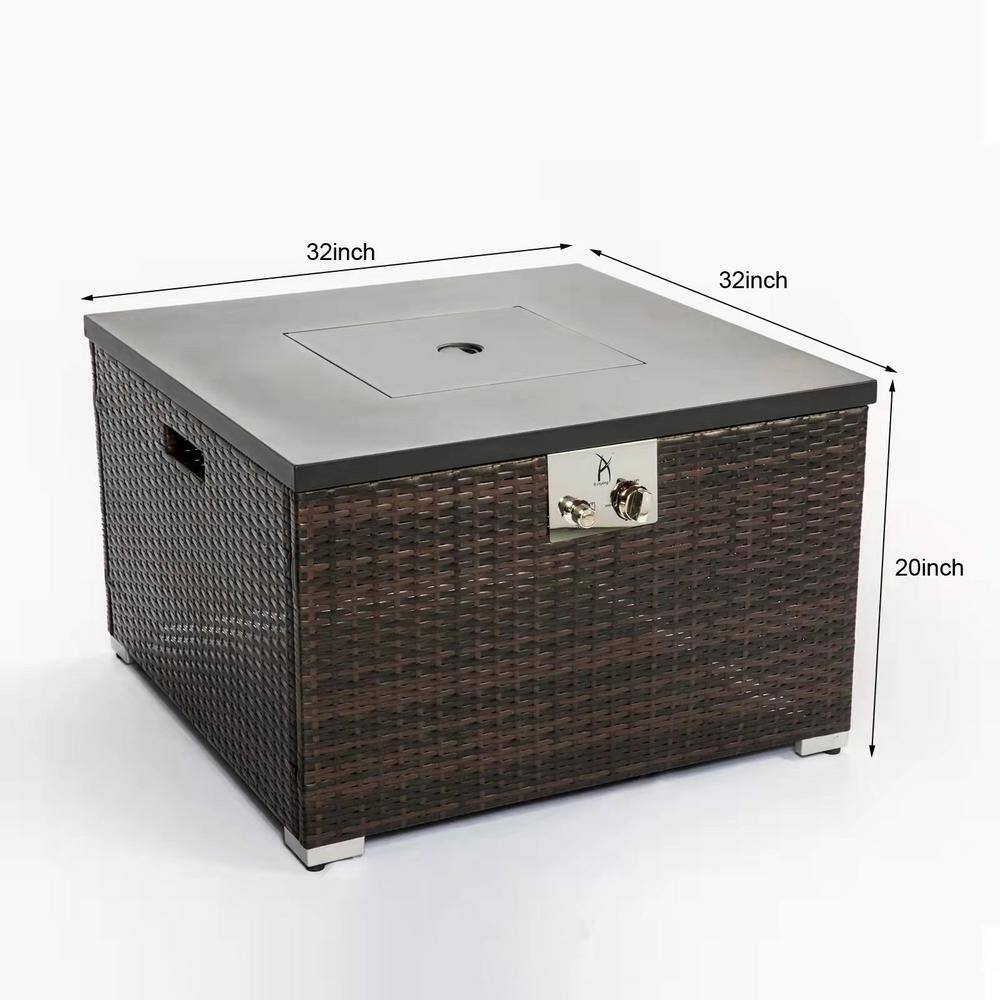 waelph Outdoor Gas Fire Pit Square Dark Brown Wicker Fire Pit Table Propane Fire Table with Glass Rocks