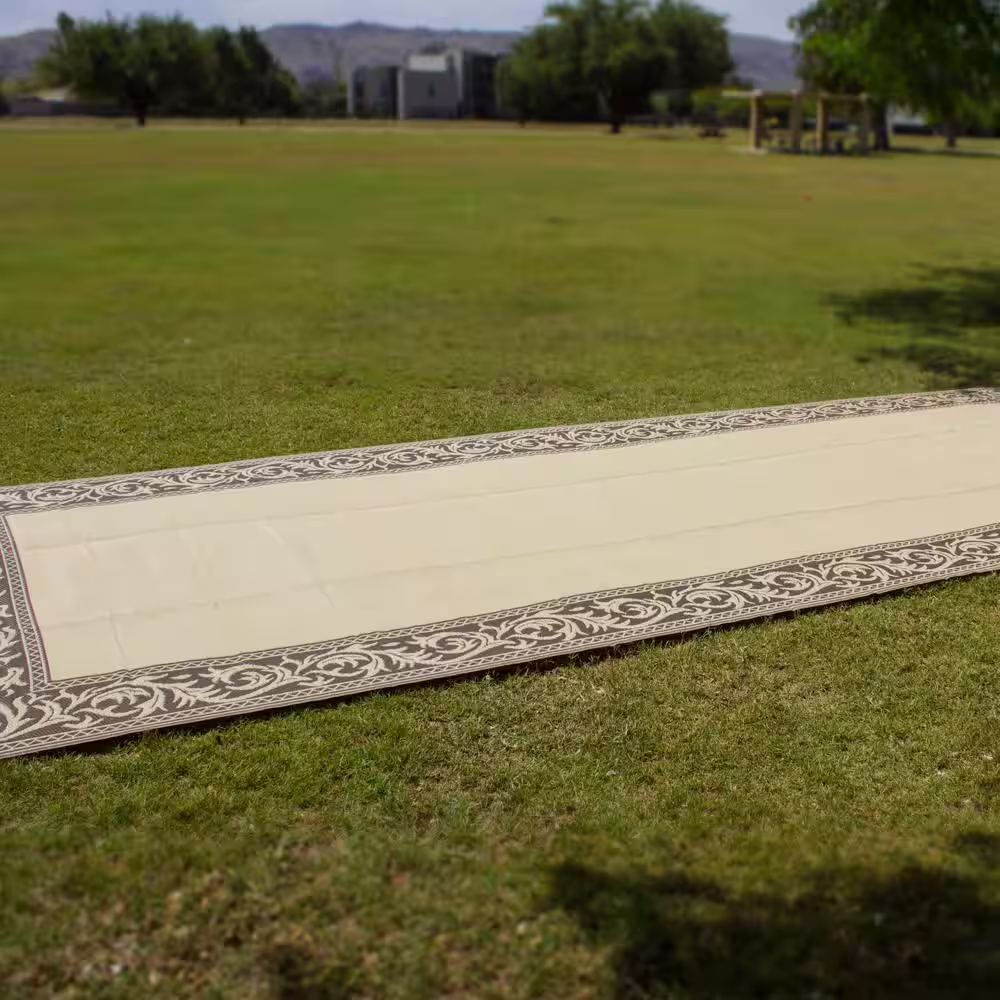 Stylish Camping 8 ft. x 20 ft. Classical Brown/Beige Reversible Outdoor Camping Patio RV Mat