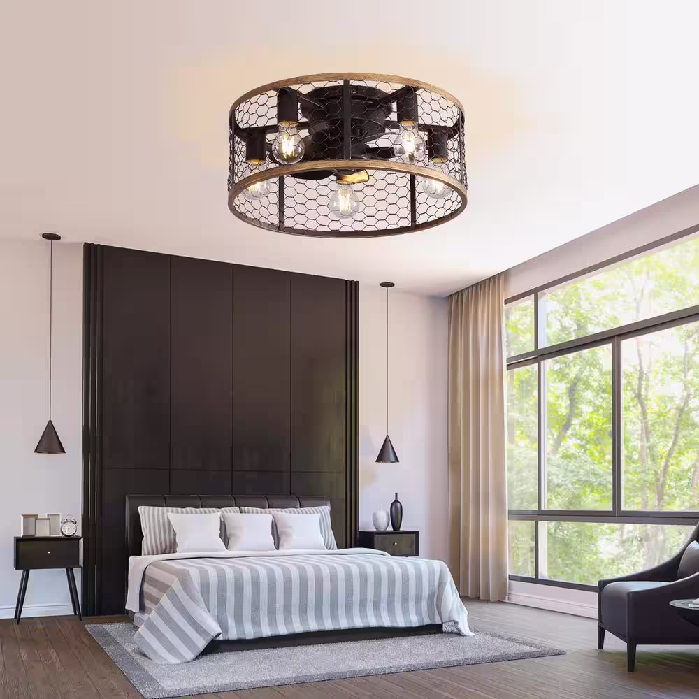 Sofucor 20 in. 5-Light Indoor/Outdoor Black Metal Caged Ceiling Fan with Light Kit and Remote Included