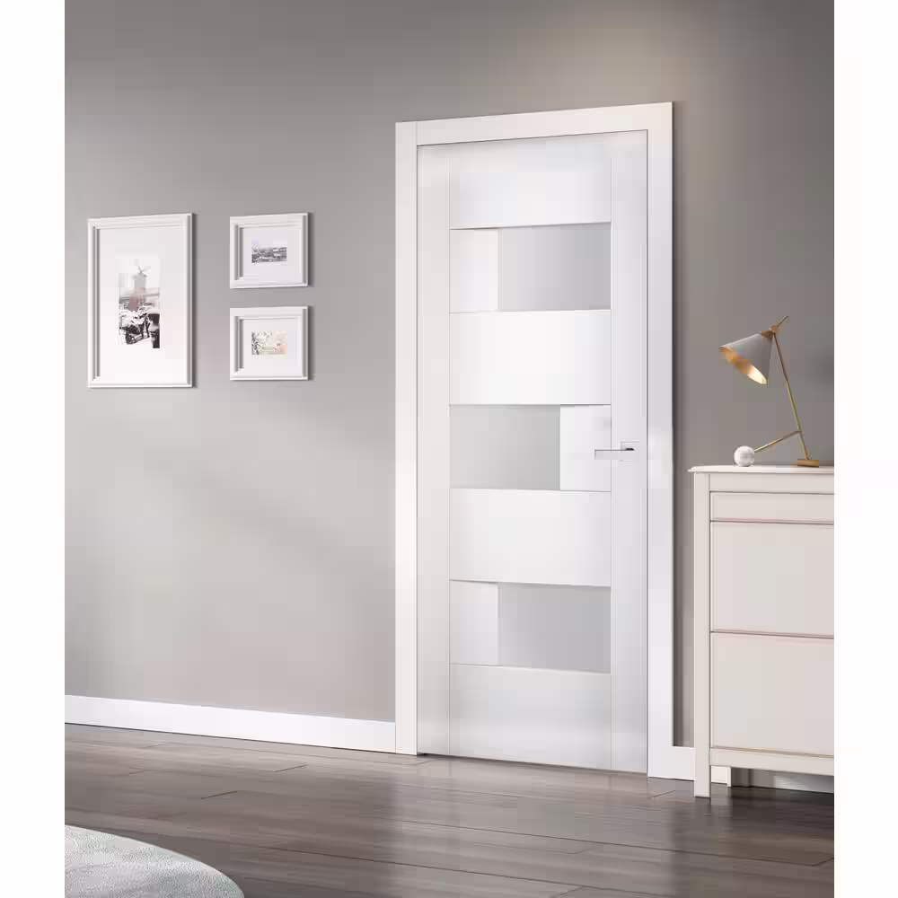 VDOMDOORS 28 in. x 80 in. Universal Frosted Glass Solid MDF White Finished Pine Wood Interior Door Slab with Hardware