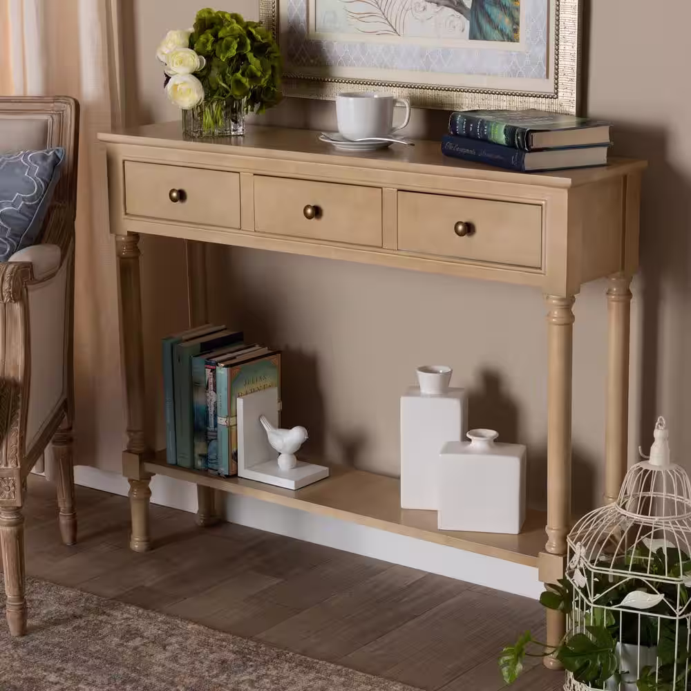 Baxton Studio Calvin 10 in. Oak Brown Standard Rectangle Wood Console Table with Drawers