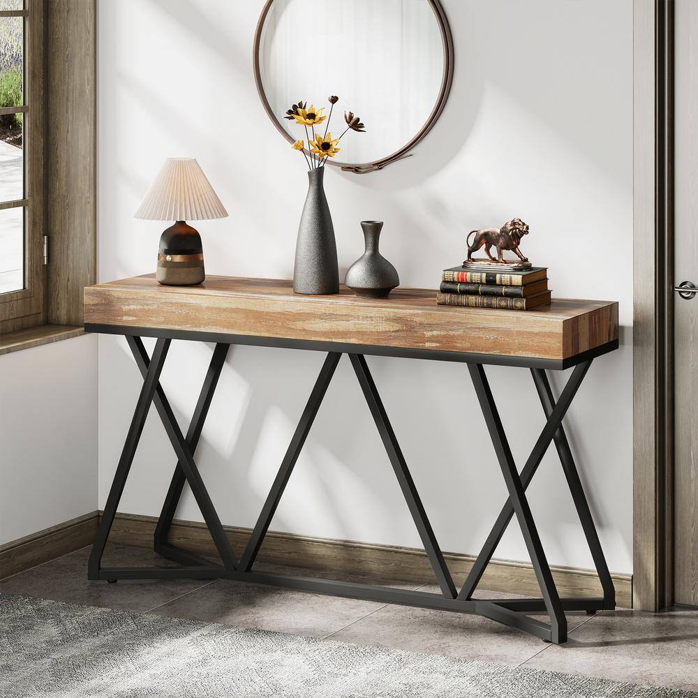 TRIBESIGNS WAY TO ORIGIN Benjamin 55 in. Retro Brown Rectangle Wood Console Table Behind Sofa Entryway Couch Accent Wall Table Home Office
