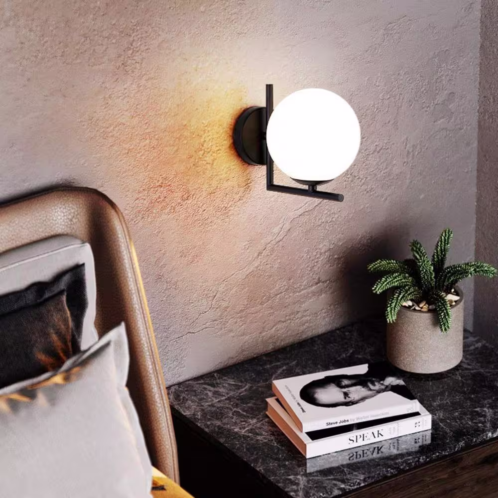 YANSUN 7.87 in.1-Light Black Modern Bathroom Vanity Wall Light with White Shade
