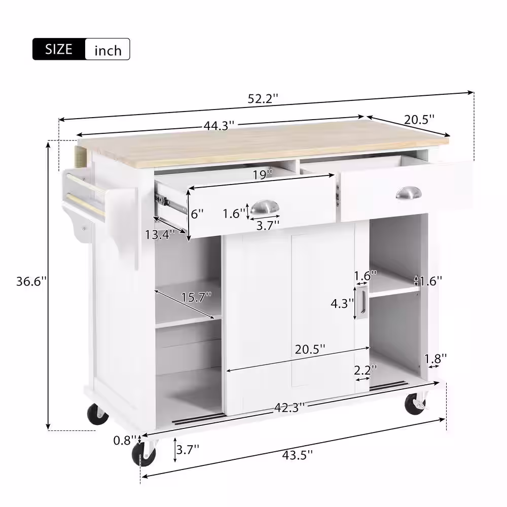 Harper & Bright Designs 52.2 in. W White Kitchen Cart with Rubber Wood Drop-Leaf Countertop, Storage Cabinet and 2-Drawers