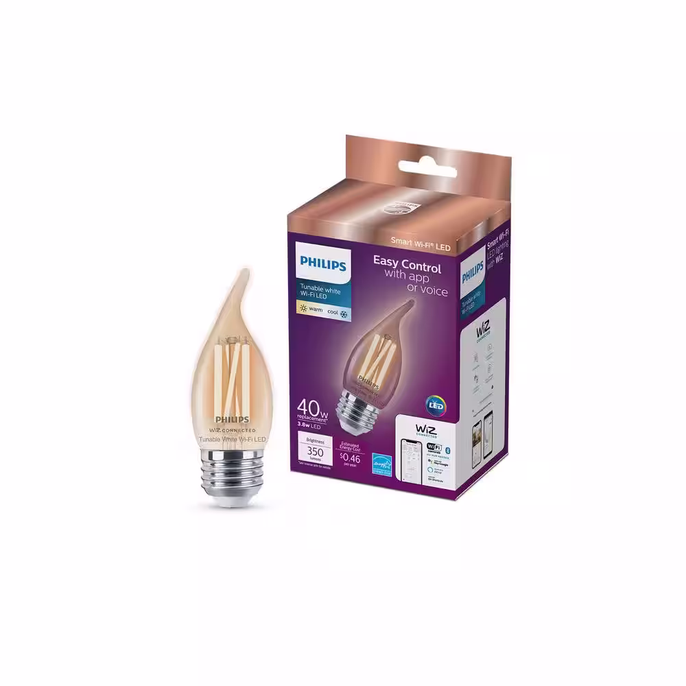 Philips 40-Watt Equivalent BA11 Smart Wi-Fi LED Tuneable White E26 Medium Light Bulb Powered by WiZ with Bluetooth (2-Pack)