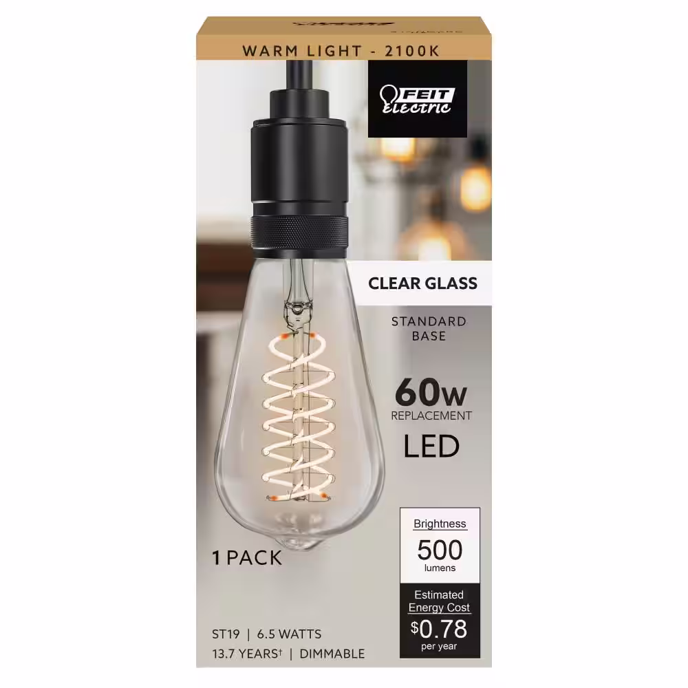 Feit Electric 60-Watt Equivalent ST19 Dimmable Spiral Filament Clear Glass E26 Vintage Edison LED Light Bulb, Warm White (12-Pack)