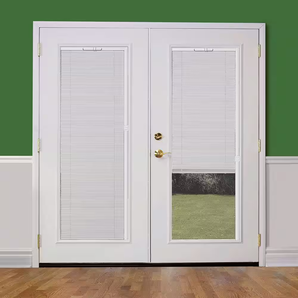 Masonite 72 in. x 80 in. Primed White Fiberglass Prehung Left-Hand Inswing Mini Blind Patio Door w/ Brickmold, Vinyl Frame